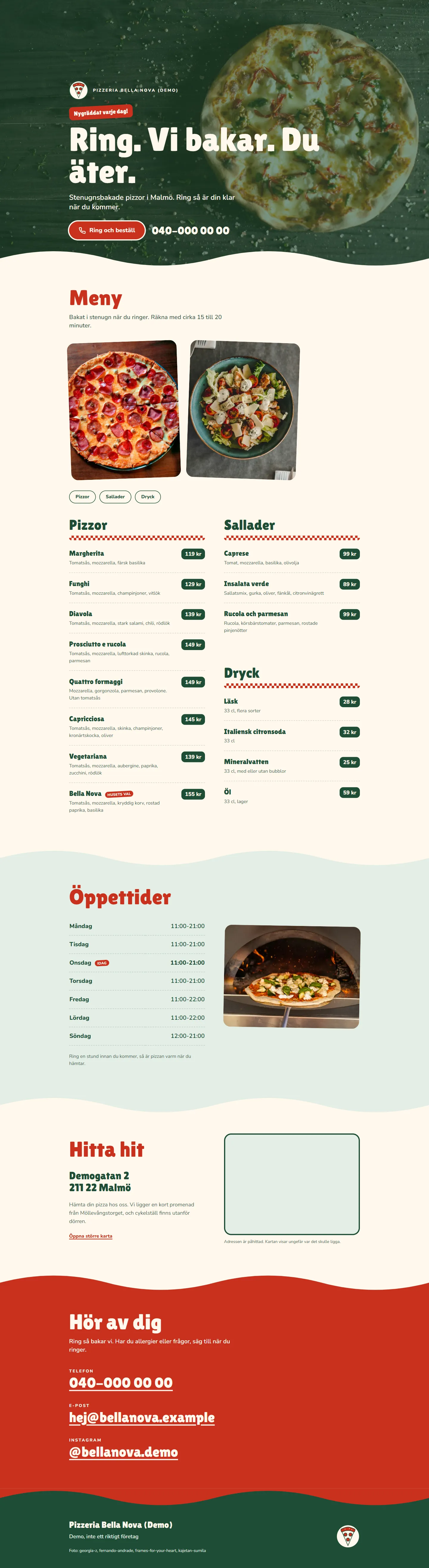 Skärmbild av startsidan för Pizzeria Bella Nova